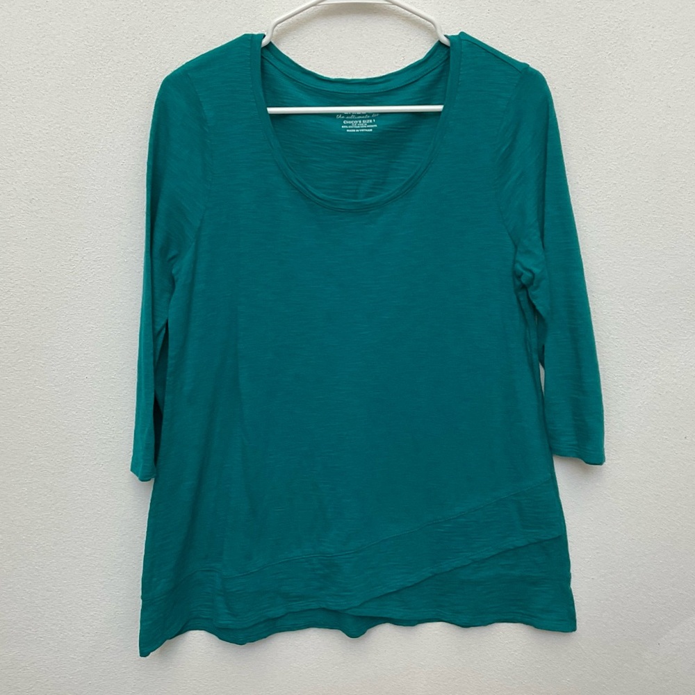 Chico's The Ultimate Tee Teal Diagonal Hem Cotton Blend Top Size 1 US M/8